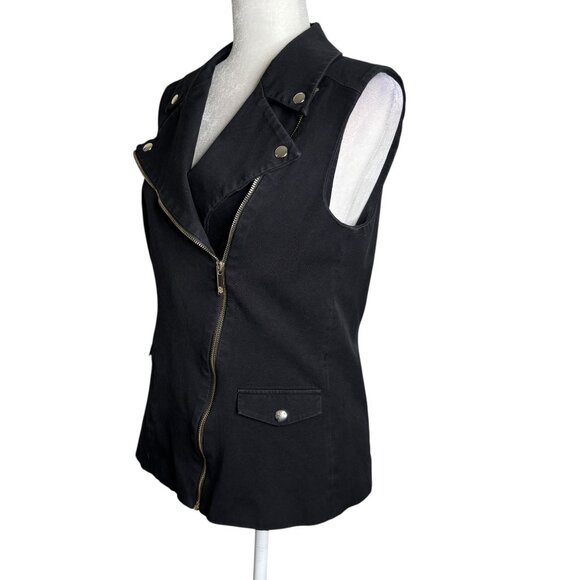 Tommy Hilfiger Black Sleeveless Moto Vest Size Small Gold Zippers Snap Buttons - Picture 5 of 7